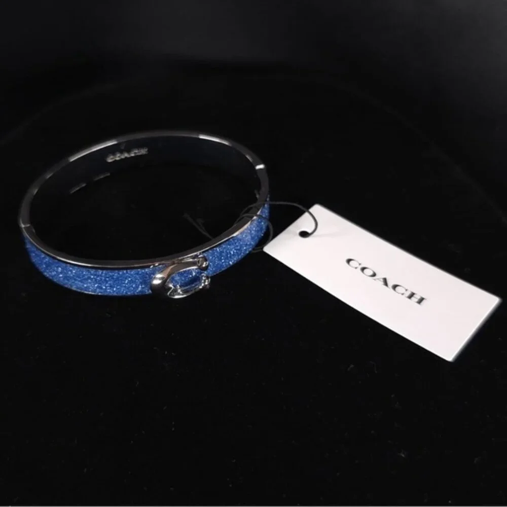 NWT COACH Signature C Logo Hinged Bangle Bracelet Sparkly Blue Enamel & Silver‎
